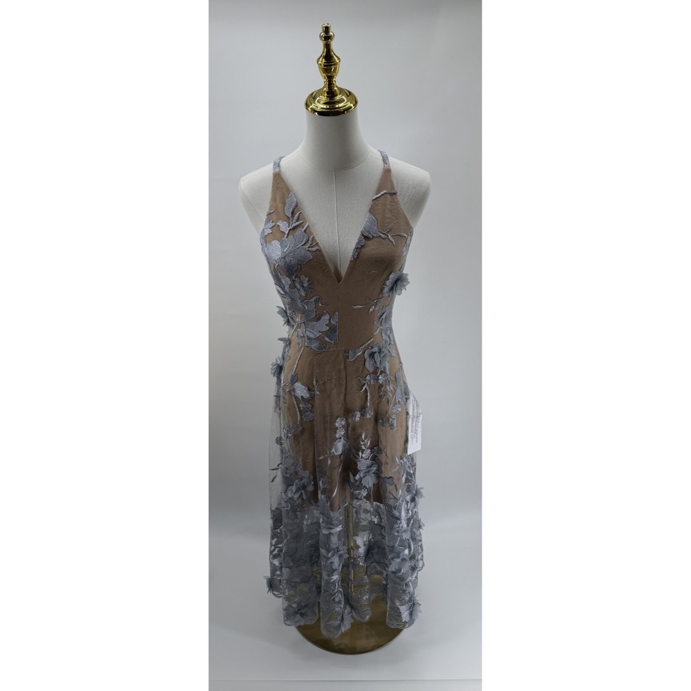 Dress the Population Audrey Midi Dress Floral Embroidered Blue Overlay Small S